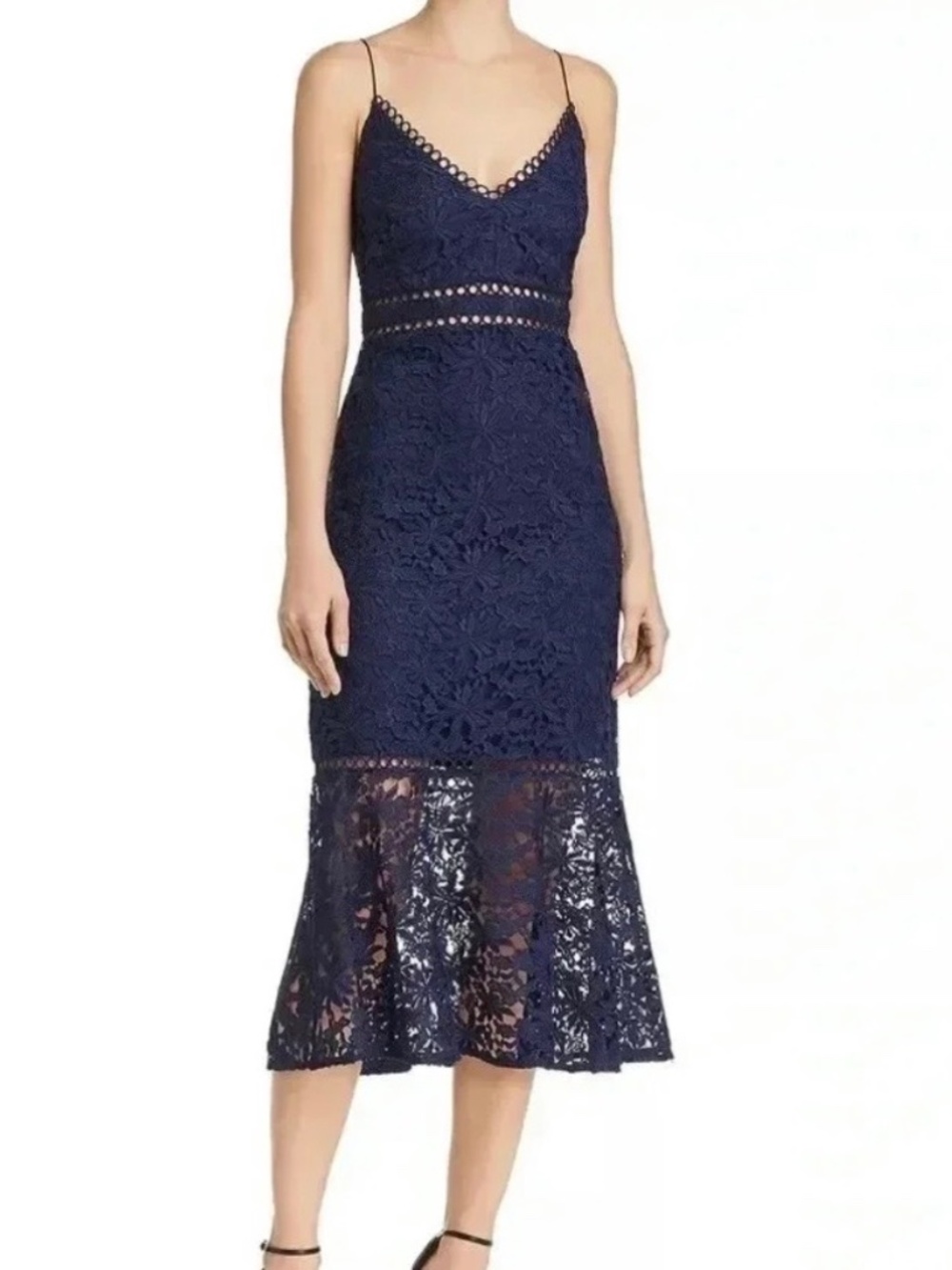 Laundry by Shelli Segal Blue Lace V-neck Straps Trumpet Midi Fitted Dress 10